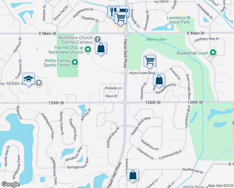 map of restaurants, bars, coffee shops, grocery stores, and more near 5775 Opus Drive in Carmel