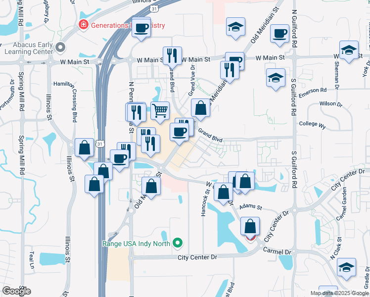 map of restaurants, bars, coffee shops, grocery stores, and more near 12525 Old Meridian Street in Carmel