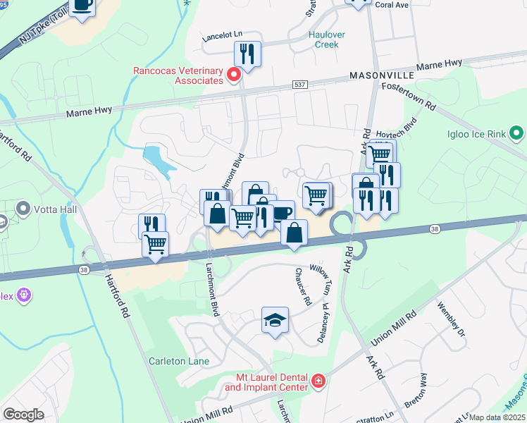 map of restaurants, bars, coffee shops, grocery stores, and more near 1907A Sedgefield Drive in Mount Laurel Township