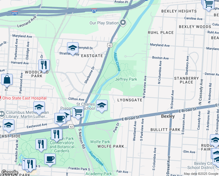 map of restaurants, bars, coffee shops, grocery stores, and more near 165 North Parkview Avenue in Bexley