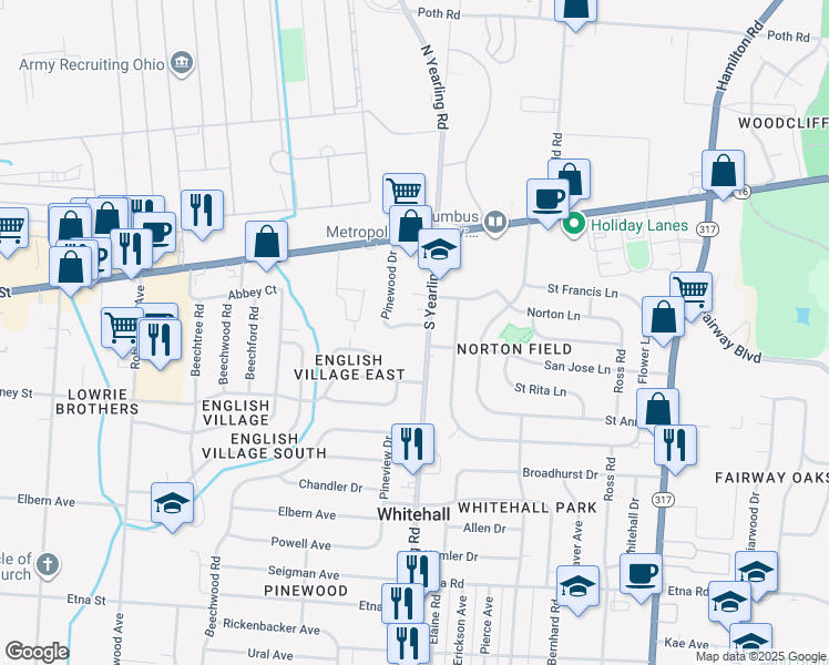 map of restaurants, bars, coffee shops, grocery stores, and more near 125 South Yearling Road in Columbus