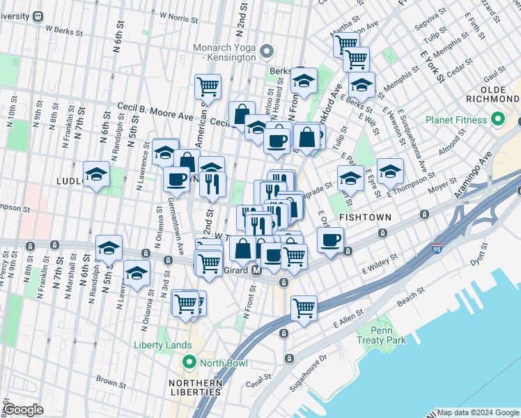 map of restaurants, bars, coffee shops, grocery stores, and more near 117 Master Street in Philadelphia