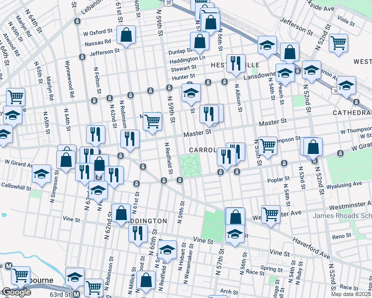 map of restaurants, bars, coffee shops, grocery stores, and more near 1313 North Hobart Street in Philadelphia