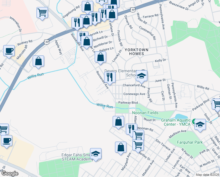 map of restaurants, bars, coffee shops, grocery stores, and more near 1117 Roosevelt Avenue in York