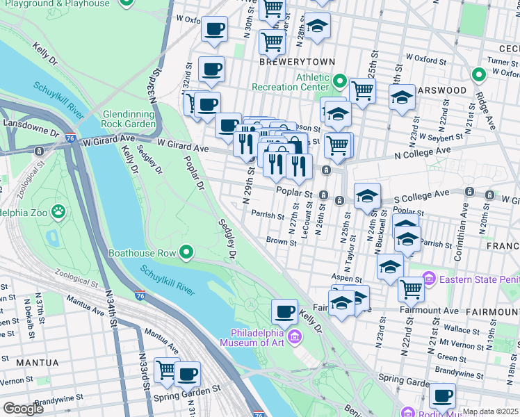 map of restaurants, bars, coffee shops, grocery stores, and more near 2819 Parrish Street in Philadelphia