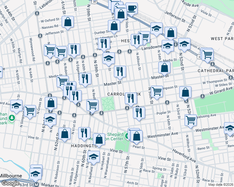 map of restaurants, bars, coffee shops, grocery stores, and more near 1300 North Alden Street in Philadelphia