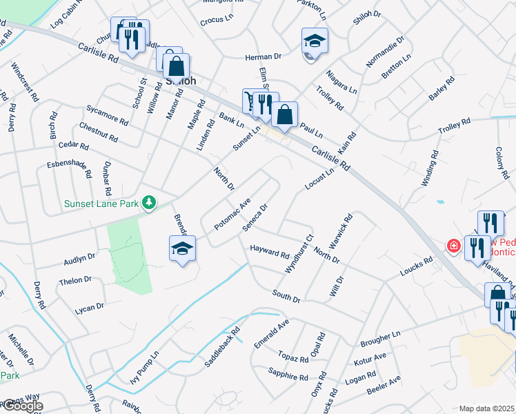 map of restaurants, bars, coffee shops, grocery stores, and more near 2381 Seneca Drive in York