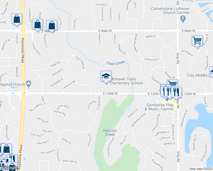 map of restaurants, bars, coffee shops, grocery stores, and more near 4242 East 126th Street in Carmel