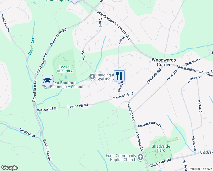 map of restaurants, bars, coffee shops, grocery stores, and more near 1407 Witherspoon Drive in Downingtown