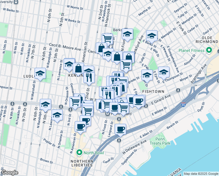 map of restaurants, bars, coffee shops, grocery stores, and more near 117 Master Street in Philadelphia