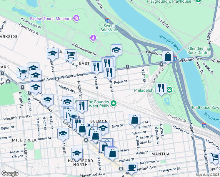 map of restaurants, bars, coffee shops, grocery stores, and more near 4003 Wyalusing Avenue in Philadelphia