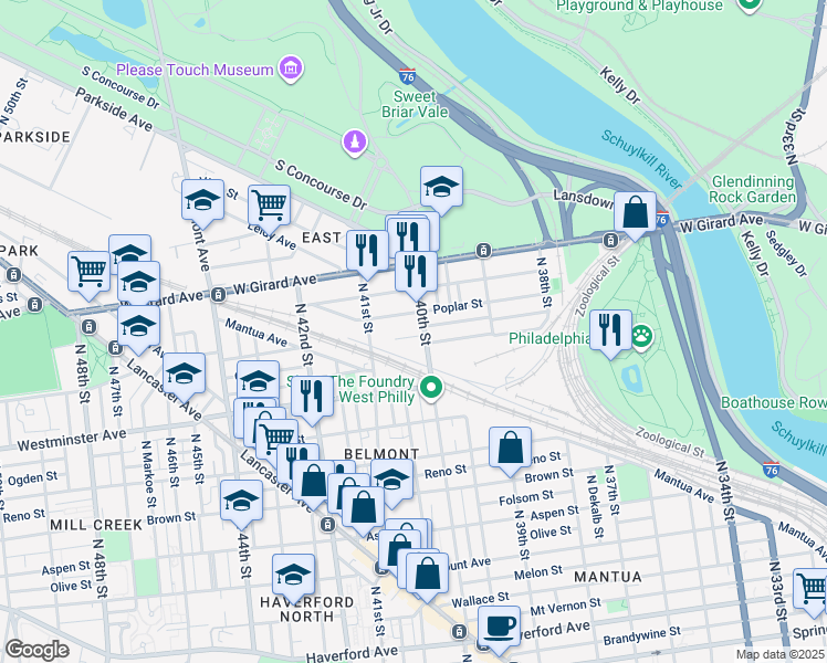 map of restaurants, bars, coffee shops, grocery stores, and more near 4009 Wyalusing Avenue in Philadelphia