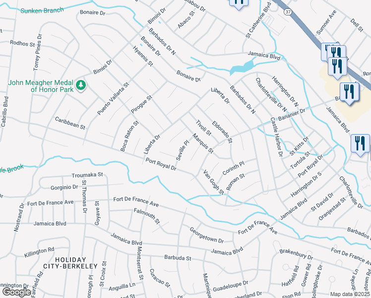 map of restaurants, bars, coffee shops, grocery stores, and more near 15 Seville Place in Toms River