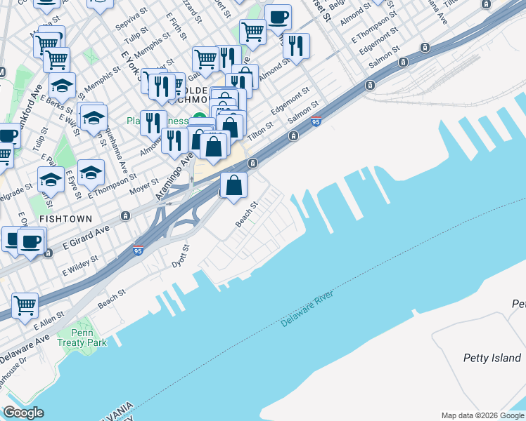 map of restaurants, bars, coffee shops, grocery stores, and more near 2015 Richmond Street in Philadelphia