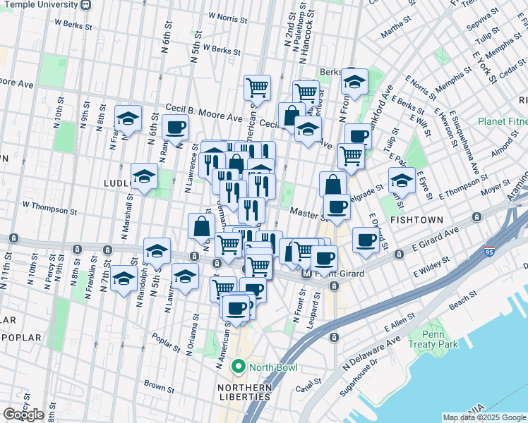 map of restaurants, bars, coffee shops, grocery stores, and more near 1351 North 2nd Street in Philadelphia