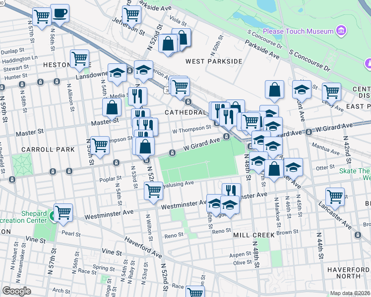 map of restaurants, bars, coffee shops, grocery stores, and more near North 50th Street in Philadelphia