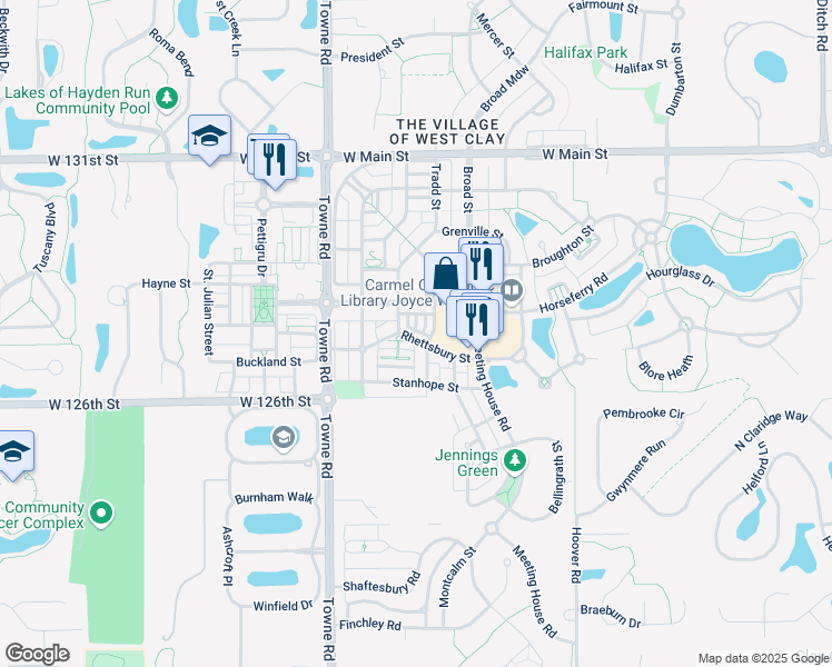 map of restaurants, bars, coffee shops, grocery stores, and more near 2000 Rhettsbury Street in Carmel