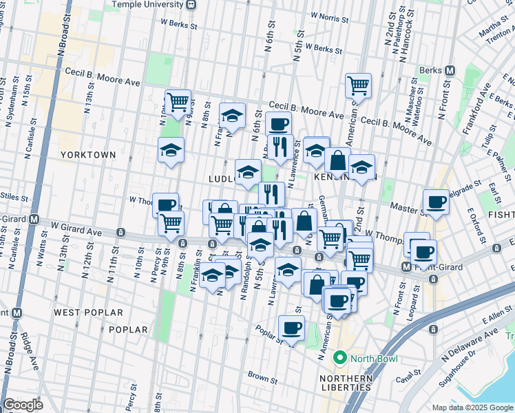 map of restaurants, bars, coffee shops, grocery stores, and more near North Randolph Street in Philadelphia