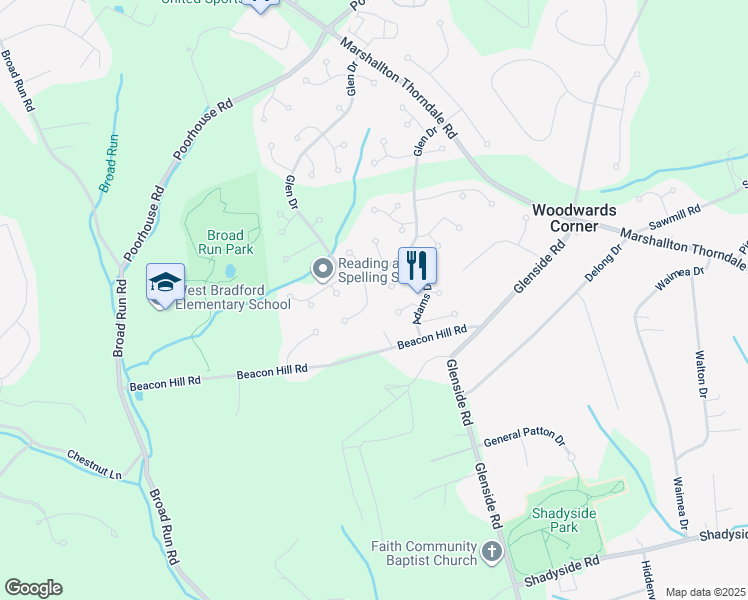 map of restaurants, bars, coffee shops, grocery stores, and more near 1407 Witherspoon Drive in Downingtown
