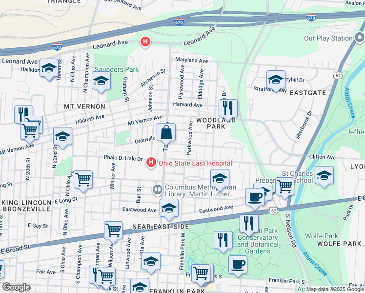 map of restaurants, bars, coffee shops, grocery stores, and more near 1545 Richmond Avenue in Columbus