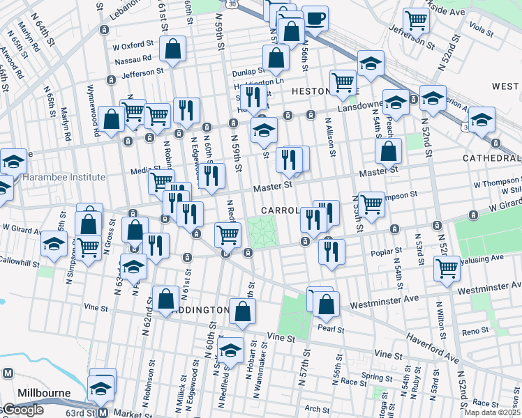 map of restaurants, bars, coffee shops, grocery stores, and more near 1312 North Wanamaker Street in Philadelphia