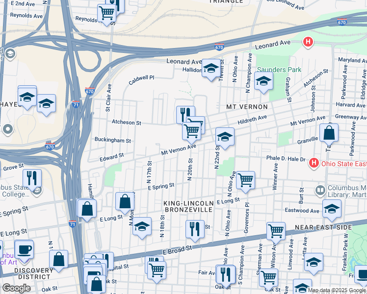 map of restaurants, bars, coffee shops, grocery stores, and more near 1046 Mount Vernon Avenue in Columbus