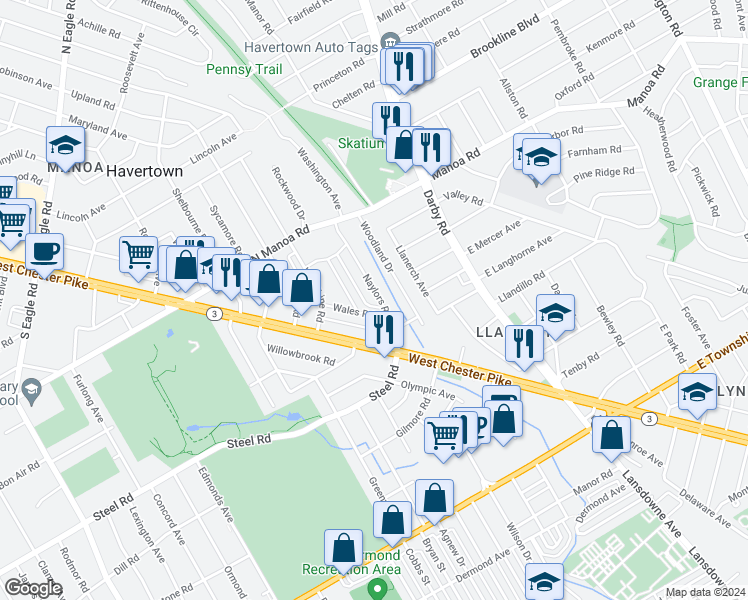 map of restaurants, bars, coffee shops, grocery stores, and more near 616 Naylors Run Road in Havertown
