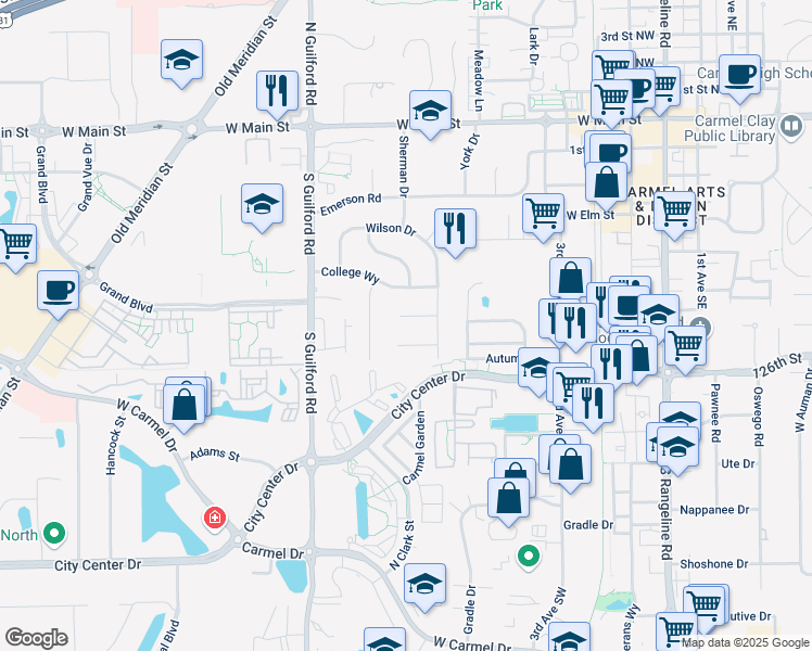 map of restaurants, bars, coffee shops, grocery stores, and more near 16 Shady Lane in Carmel