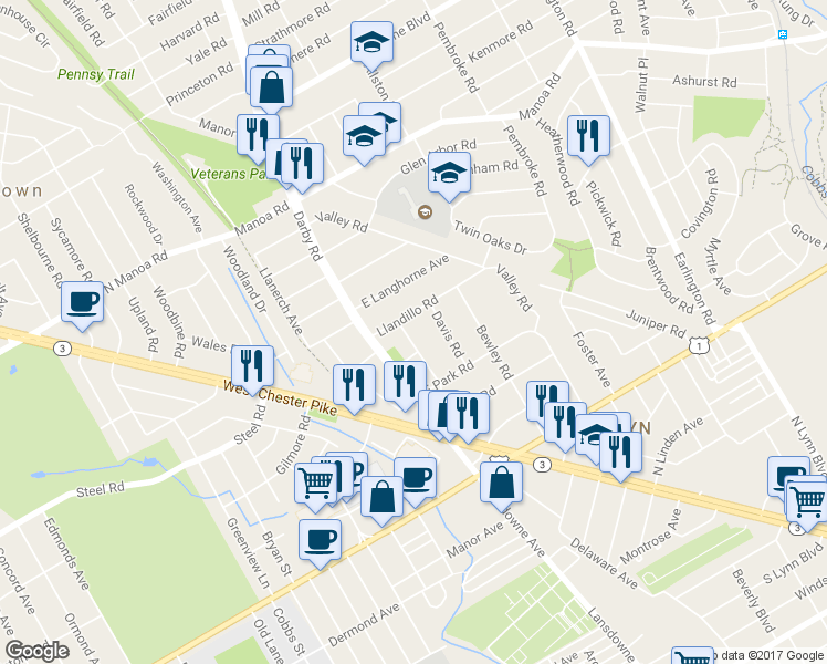 map of restaurants, bars, coffee shops, grocery stores, and more near 315 Lansdowne Road in Havertown