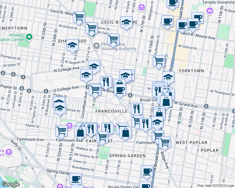 map of restaurants, bars, coffee shops, grocery stores, and more near 1820 Ridge Avenue in Philadelphia