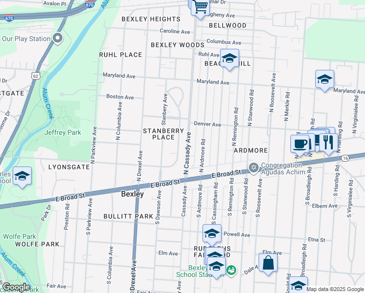 map of restaurants, bars, coffee shops, grocery stores, and more near 102 Ashbourne Road in Columbus