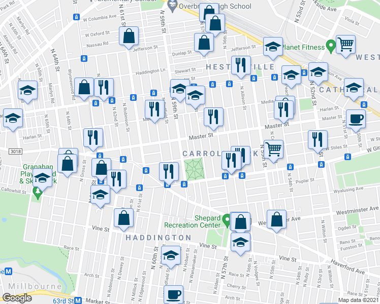 map of restaurants, bars, coffee shops, grocery stores, and more near 1315 North Hobart Street in Philadelphia