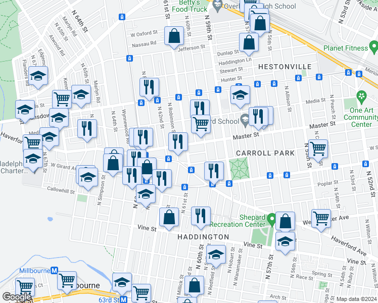 map of restaurants, bars, coffee shops, grocery stores, and more near 6051 Kershaw Street in Philadelphia