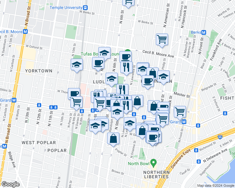 map of restaurants, bars, coffee shops, grocery stores, and more near 1329 North Randolph Street in Philadelphia