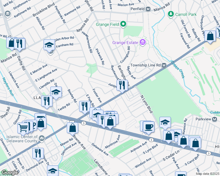 map of restaurants, bars, coffee shops, grocery stores, and more near 346 Spring Road in Havertown