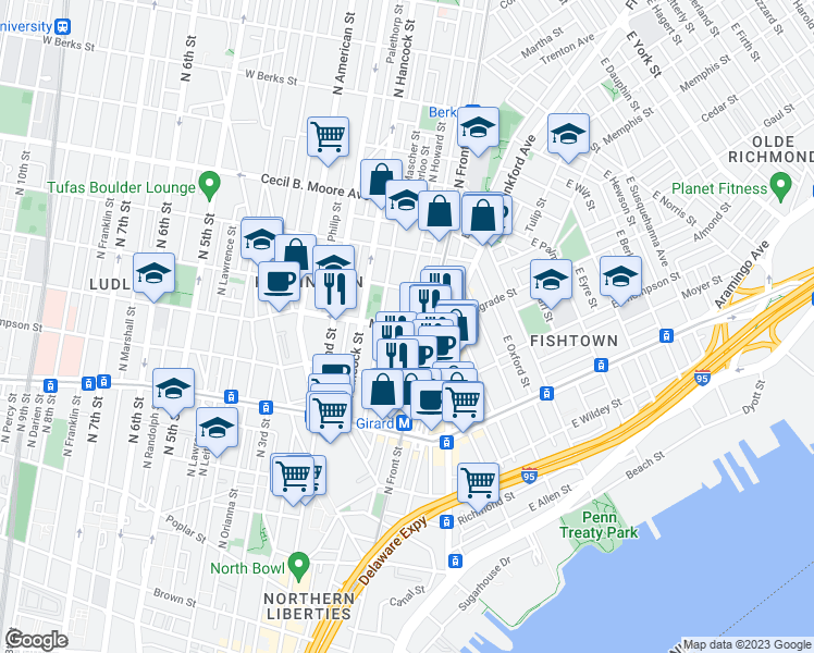 map of restaurants, bars, coffee shops, grocery stores, and more near 121 Master Street in Philadelphia