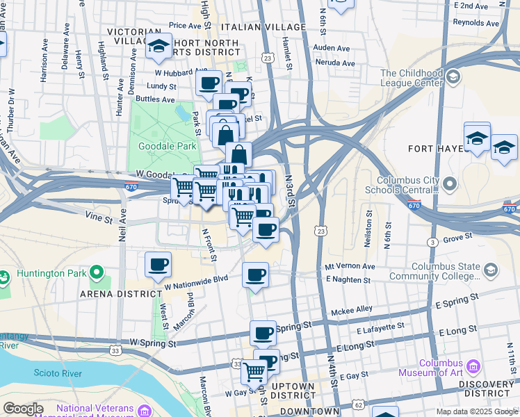 map of restaurants, bars, coffee shops, grocery stores, and more near 500 North High Street in Columbus