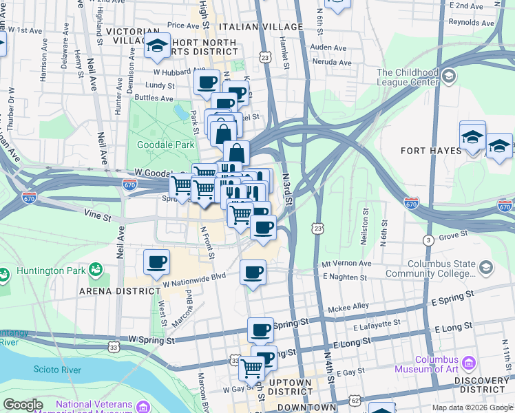 map of restaurants, bars, coffee shops, grocery stores, and more near 500 South High Street in Columbus