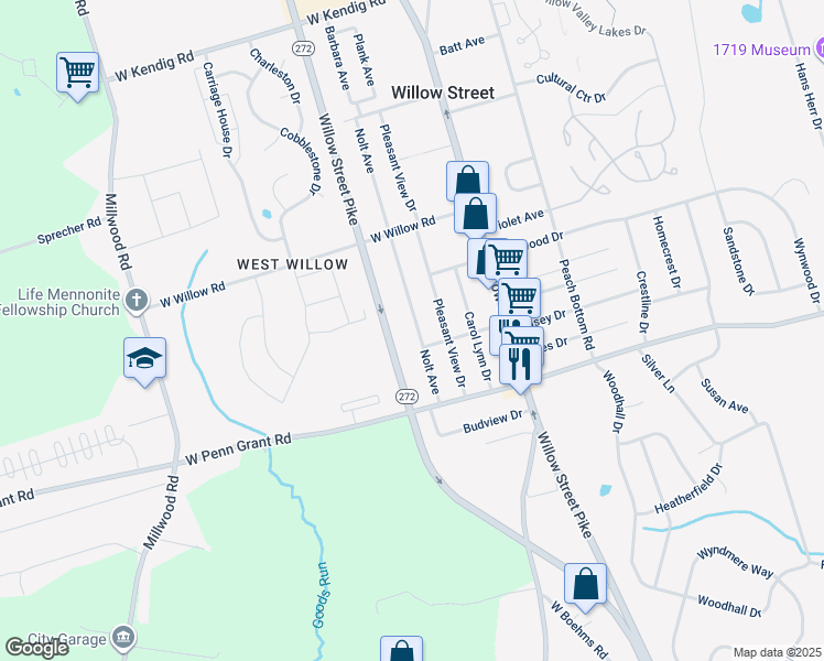 map of restaurants, bars, coffee shops, grocery stores, and more near 328 Nolt Avenue in Willow Street