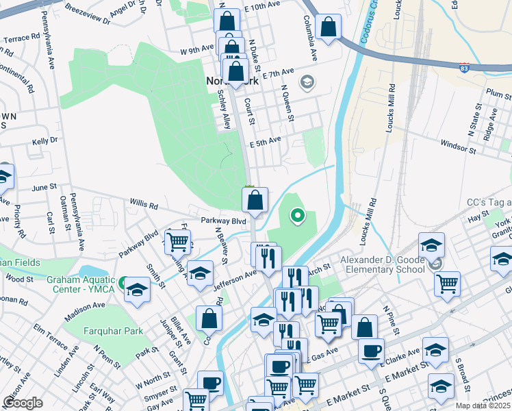 map of restaurants, bars, coffee shops, grocery stores, and more near 623 North George Street in York
