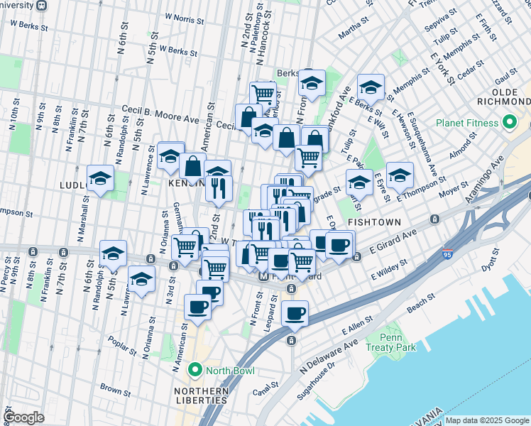 map of restaurants, bars, coffee shops, grocery stores, and more near 123 West Master Street in Philadelphia