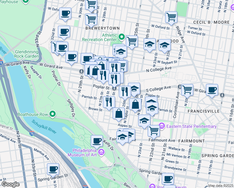 map of restaurants, bars, coffee shops, grocery stores, and more near 860 North Bambrey Street in Philadelphia