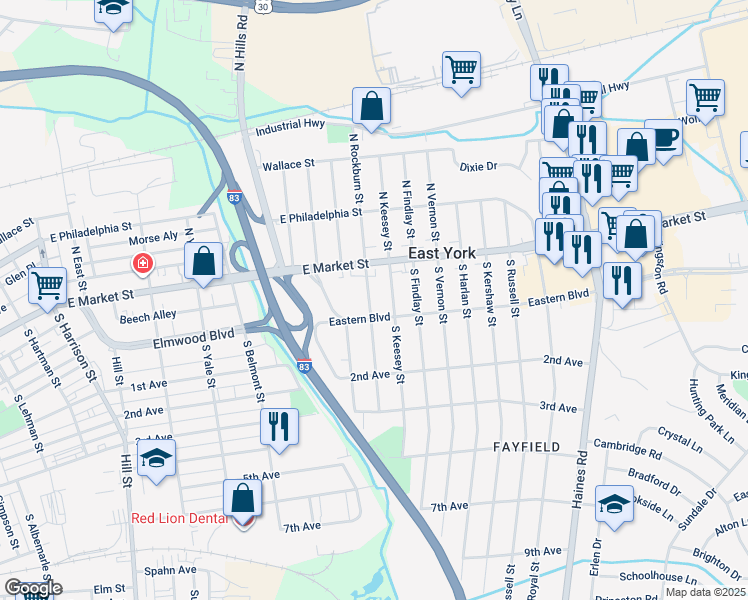 map of restaurants, bars, coffee shops, grocery stores, and more near 29 South Rockburn Street in York