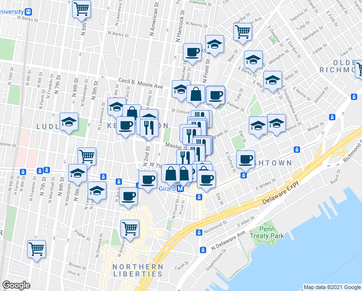 map of restaurants, bars, coffee shops, grocery stores, and more near 123 West Master Street in Philadelphia