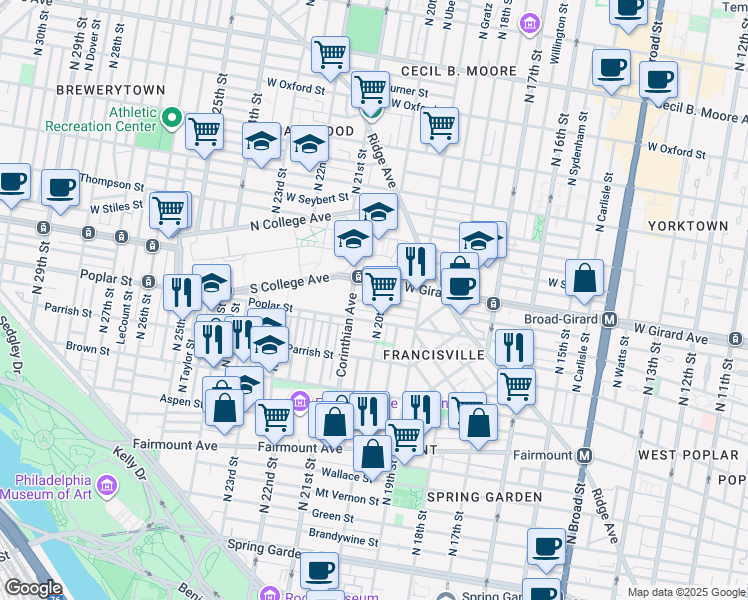 map of restaurants, bars, coffee shops, grocery stores, and more near 2006 Cambridge Street in Philadelphia
