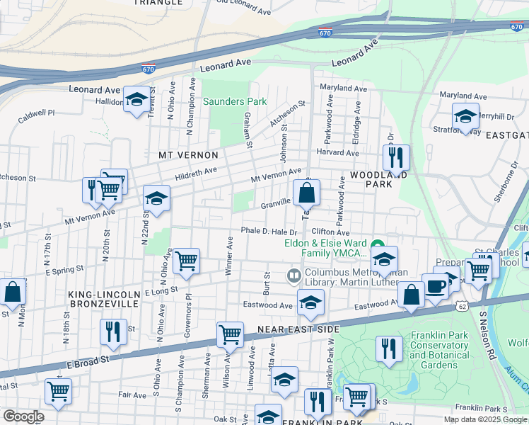 map of restaurants, bars, coffee shops, grocery stores, and more near 1429 Granville Street in Columbus