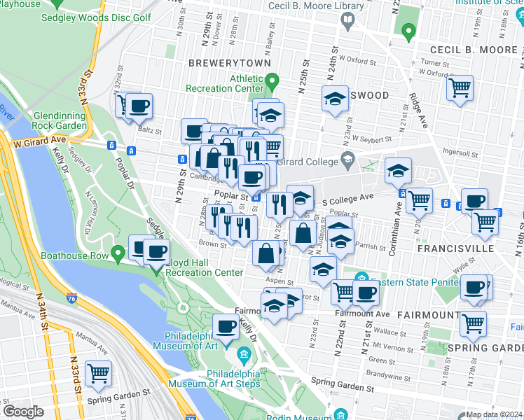 map of restaurants, bars, coffee shops, grocery stores, and more near 860 North Bambrey Street in Philadelphia