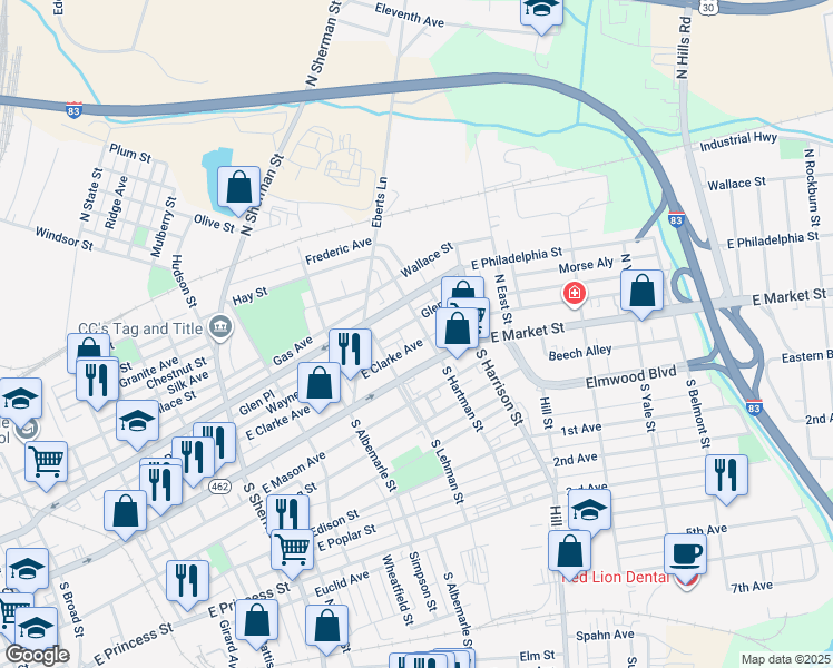 map of restaurants, bars, coffee shops, grocery stores, and more near 42 North Hartman Street in York