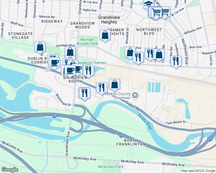 map of restaurants, bars, coffee shops, grocery stores, and more near 721 Grandview Crossing Way in Columbus