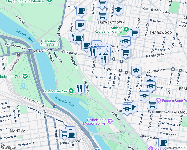 map of restaurants, bars, coffee shops, grocery stores, and more near 829 North 29th Street in Philadelphia